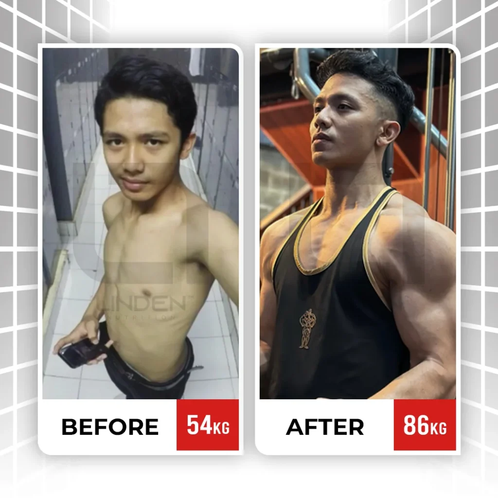 Aditya - 27 tahun  “Gua udah naik 10 kg dalam waktu 6 bulan dan makronutrisi gua terpenuhi dengan baik dari Lin-Mass ini”
