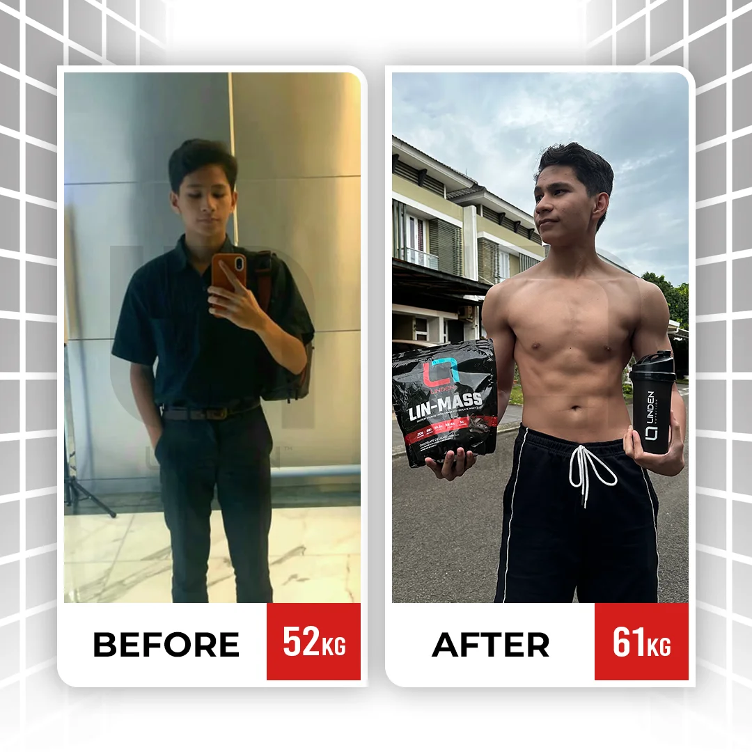 Abel - 16 tahun “Di usia gua yang masih muda, punya badan seperti sekarang berkat Lin-Mass ini suatu pencapaian yang gak mudah. Hasilnya nyata dan nyaman di pencernaan untuk asupan sehari-hari.”