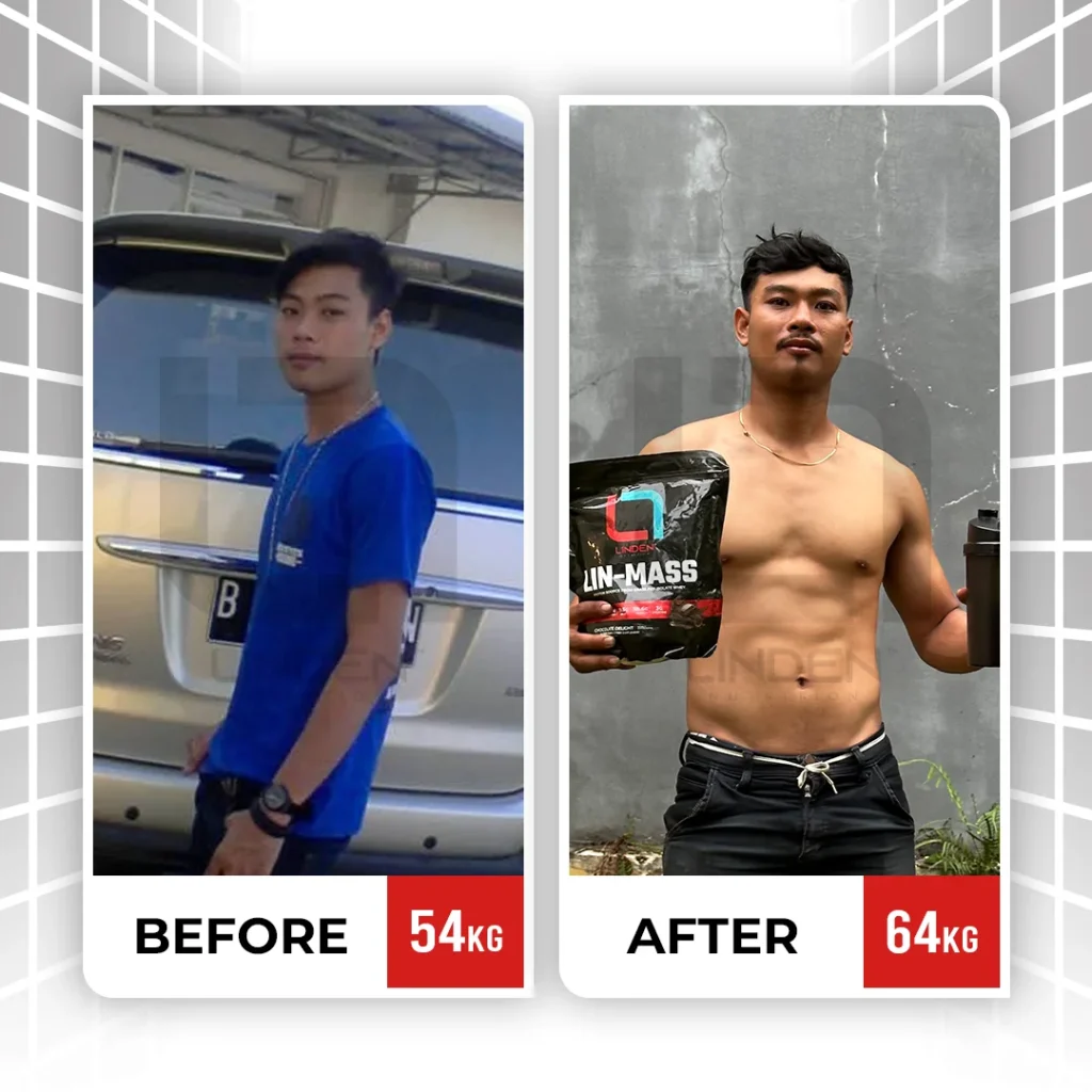 Sarhan   - 29 tahun “Sempet ngerasa udah latihan lama, tapi gak ada hasil selama 8 bulan. Ternyata asupan kalori dan protein 2x BB itu salah satu kunci buat gua berhasil naikin BB. Dan gua juga dibantu penuhin itu semua dengan Lin-Mass sampai dengan saat ini.”