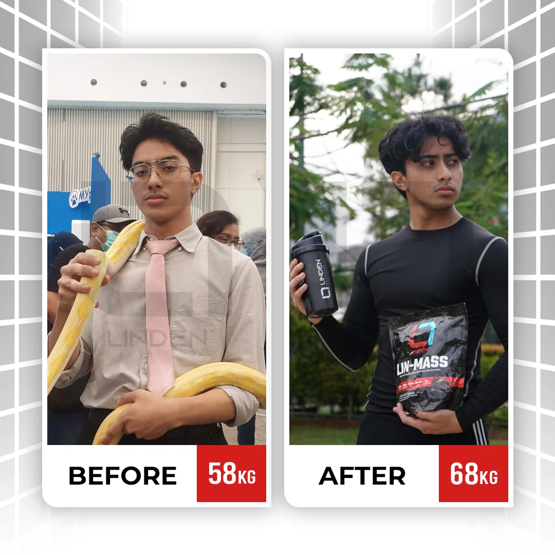 Giffari - 19 tahun “Bener-bener solusi banget buat gua yang susah buat makan banyak. Susu Lin-Mass bantu gua naikin napsu makan dan memenuhi kebutuhan surplus kalori harian gua dengan gampang!”