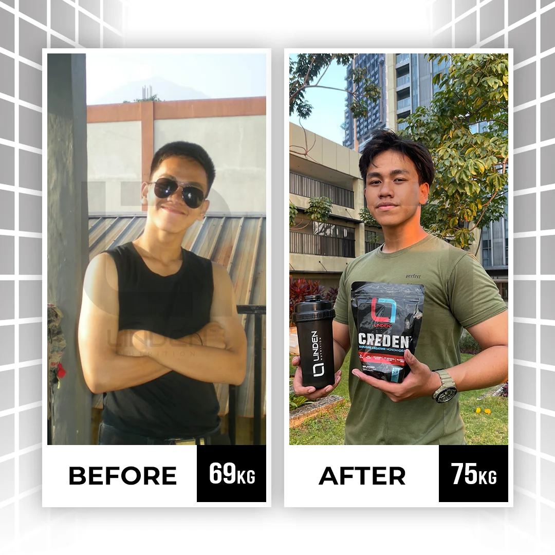 Ranov - Pejuang Gemuk! “Beruntung banget bisa nyoba creatine import dari Linden sebelum launching. Udah gua pake hampir 2 bulan lebih, ngerasa progress bulking gua jadi 2x lebih cepat. Hasilnya nyata!”